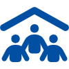 Blue icon of three people under a roof, symbolizing community or shelter.