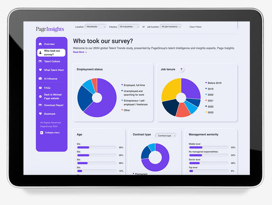 Tablet screen showing survey results with colorful pie charts and bullet points.