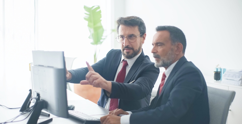 Two male, middle-aged office workers analysing what they are seeing on a desktop compiuter screen.