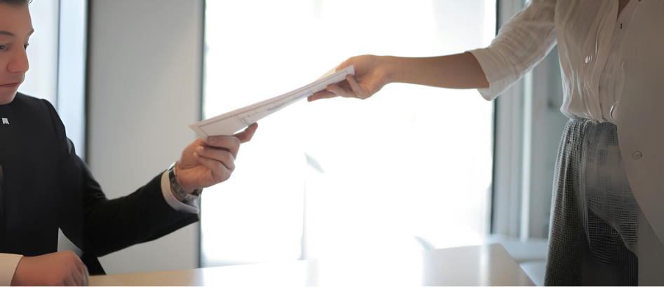 An interview candidate passing documents to the interviewee during a job interview.