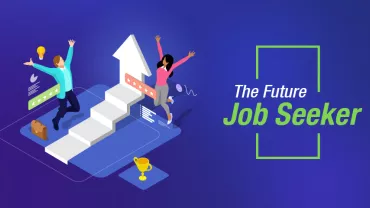 Illustration of two people celebrating next to a staircase with the text 'The Future Job Seeker'.