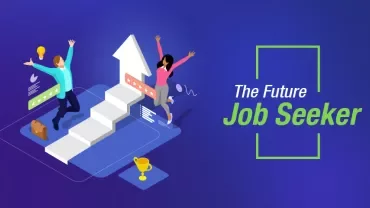 Illustration of two people celebrating next to a staircase with the text 'The Future Job Seeker'.