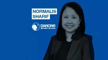 Portrait of a smiling woman with the text 'Normalis Sharif' and 'Danone, One Planet, One Health'.
