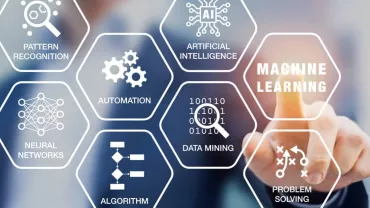 Hexagons showing terms: Pattern Recognition, AI, Automation, Machine Learning, Neural Networks, Data Mining, Problem Solving.