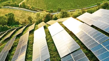 Aerial view of solar panels in a green field.