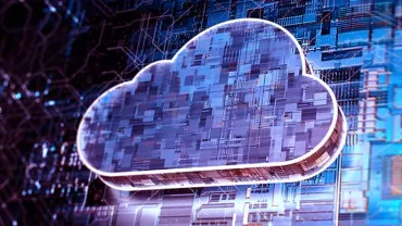 Digital illustration of a cloud over a circuit board background symbolizing cloud computing.