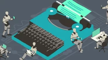 Robots interacting with a large typewriter, representing AI and technology.