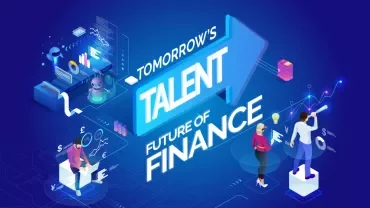 Illustration with technology and finance elements, titled 'Tomorrow's Talent: Future of Finance'.
