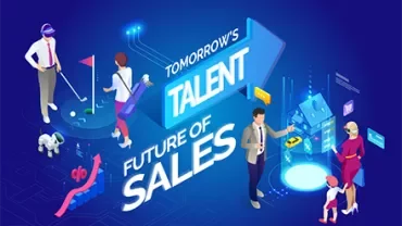 Illustration of future sales with digital elements and people interacting with technology.