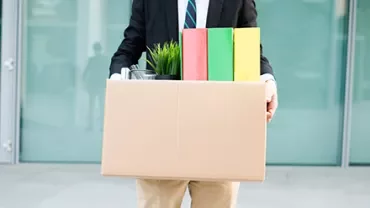 Person holding a cardboard box with colorful binders and a potted plant.