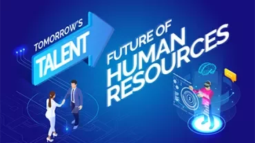 Illustration showing 'Tomorrow's Talent - Future of Human Resources' with people and tech symbols.
