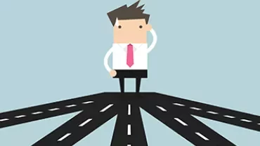 Cartoon man standing at a crossroads, looking confused.