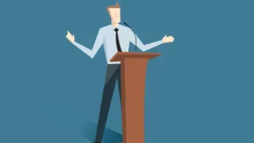 Illustration of a person at a podium speaking with hands raised.