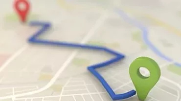 Map with two location pins and a blue route line.