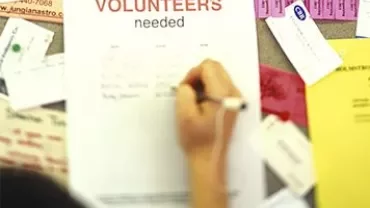 A bulletin board with a 'Volunteers needed' poster and contact cards.
