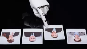 Robotic hand pointing at one of four portraits on a black background.