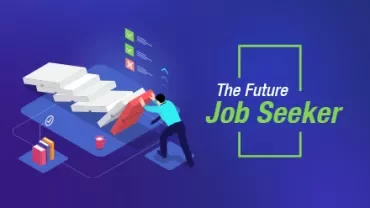 Illustration of a person climbing stairs towards blocks with icons and 'The Future Job Seeker' text on blue background.