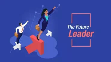 Illustration of businesspeople climbing arrows with text 'The Future Leader'.
