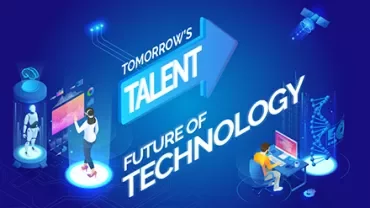 Futuristic scene with AI, digital interfaces, and technology text.
