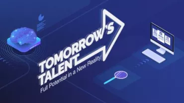 Digital illustration with a brain, a magnifying glass, and a computer, titled 'Tomorrow's Talent'.