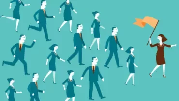 Illustration of a woman leading a group of people with a flag.