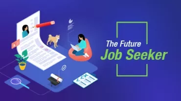 Illustration of a woman with a laptop next to a giant resume and a dog, titled 'The Future Job Seeker'.