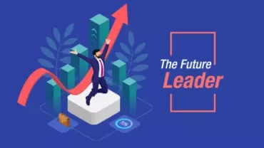 Illustration of a man celebrating with an upward arrow, text reads: The Future Leader.