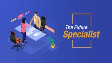 Two professionals shaking hands at a desk, 'The Future Specialist' text on the side.