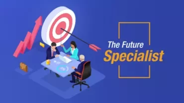 Team discussing strategy with rising graph and target, titled 'The Future Specialist'.