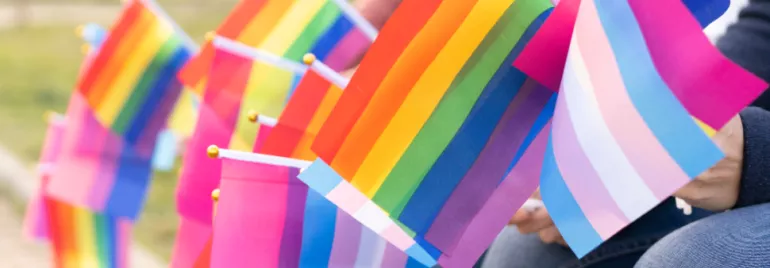 Multiple pride flags being held outdoors.
