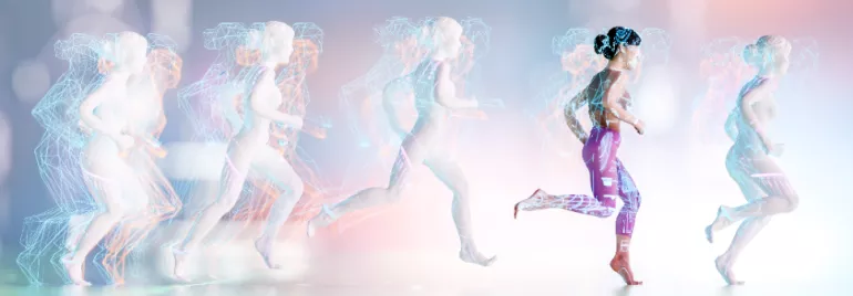 Digital illustration of a person running with a blurred motion effect.