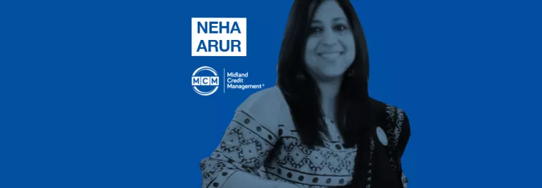 Person smiling with corporate branding on blue background.