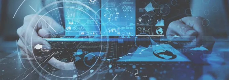 Person using laptop with digital overlay of global network icons.