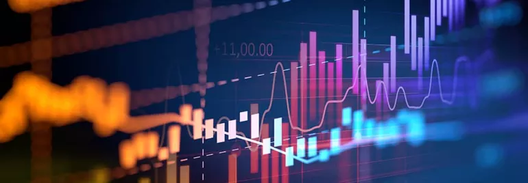 Colorful financial graph showing fluctuating market data.