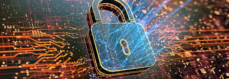Digital padlock on a circuit board background, symbolizing cybersecurity.
