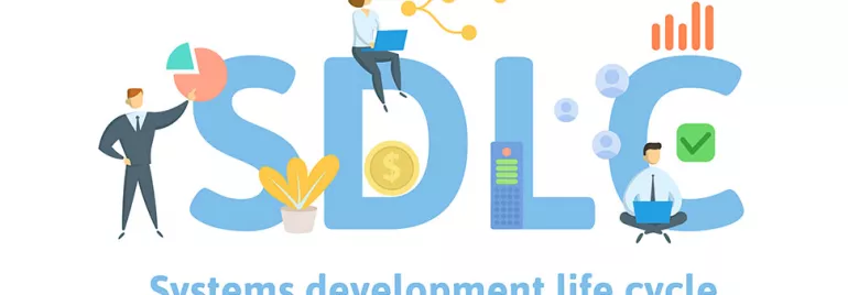 Illustration of SDLC with icons like graphs and people working on laptops.