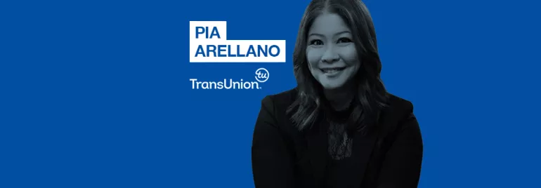 Woman smiling with text 'PIA ARELLANO' and 'TransUnion' on a blue background.