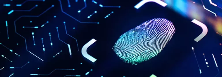 Fingerprint scan on a glowing digital interface.