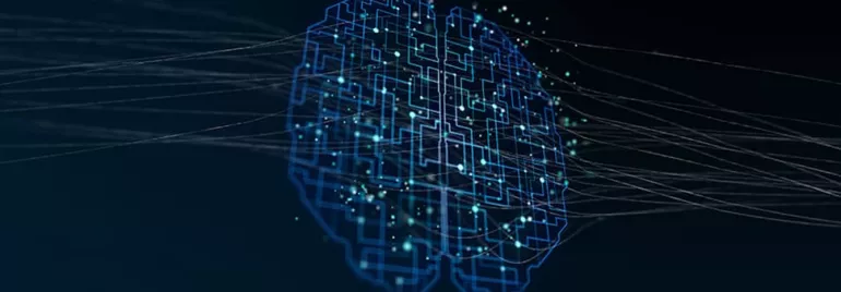 Digital brain illustration with glowing neural pathways.