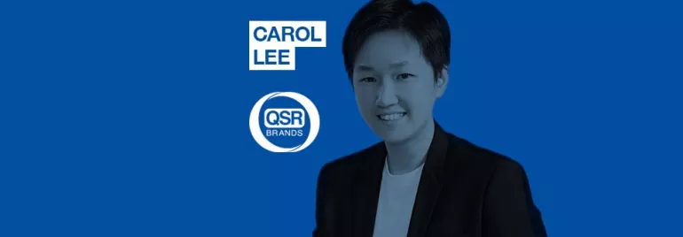 Person smiling in front of a blue background with text 'Carol Lee' and 'QSR Brands' logo.