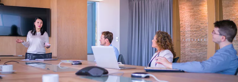 A woman giving a presentation to colleagues in a meeting room.