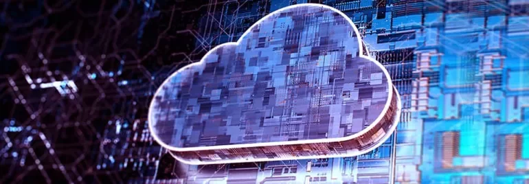 Digital illustration of a cloud over a circuit board background symbolizing cloud computing.
