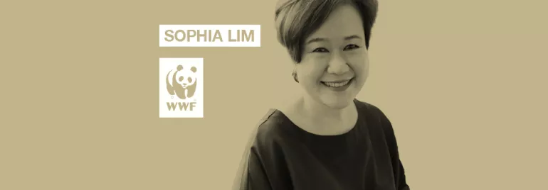 Woman smiling with text 'Sophia Lim' and WWF logo on light brown background.