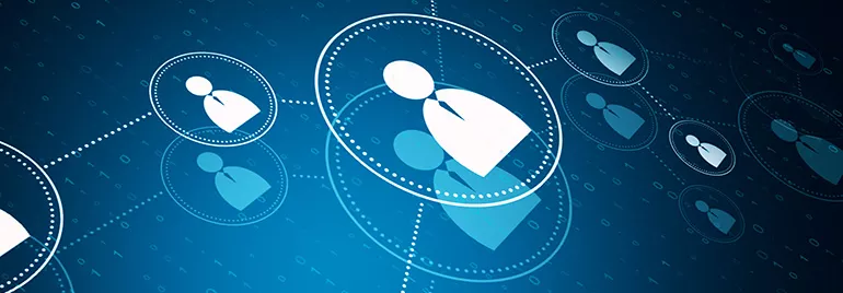 Digital connections with networked user icons on a blue background.
