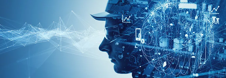 Silhouette of a worker in a hard hat with digital industrial graphics overlay.