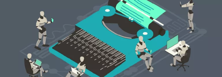 Robots interacting with a large typewriter, representing AI and technology.