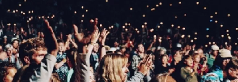A large crowd cheering at a concert, with lights in the background.