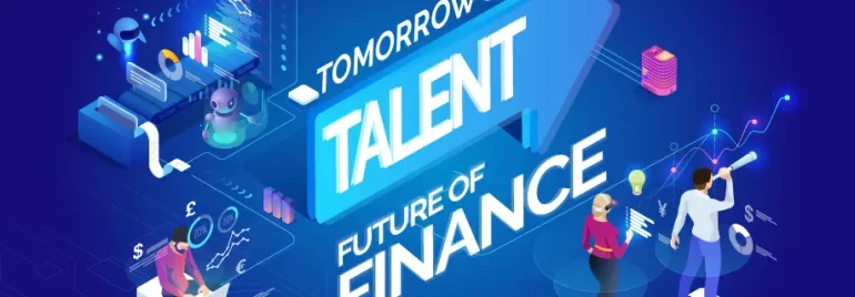 Illustration with technology and finance elements, titled 'Tomorrow's Talent: Future of Finance'.