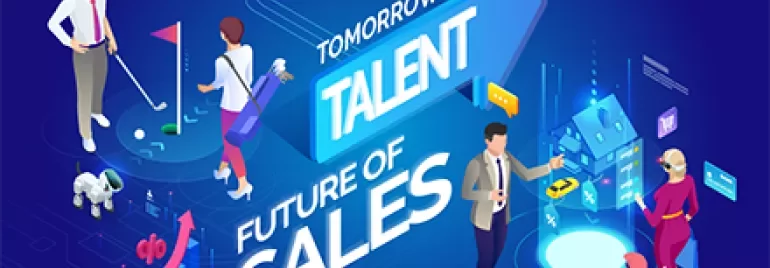 Illustration of future sales with digital elements and people interacting with technology.