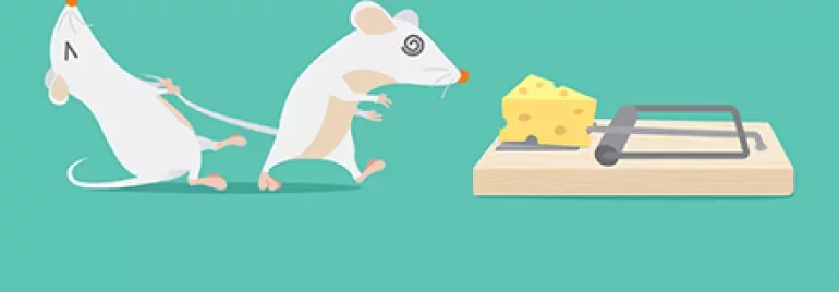 Cartoon of two mice near a cheese-loaded mousetrap, one looking cautious.